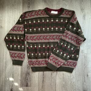 Vintage Bugle Boy Sweater Red‎ Brown Cosby Fair Isle Grandpa Mens Large
